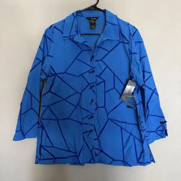 New Ali Miles Medium Blue Black Artsy Lagenlook Textured 3/4 Sleeve Art To Wear - Picture 14 of 14